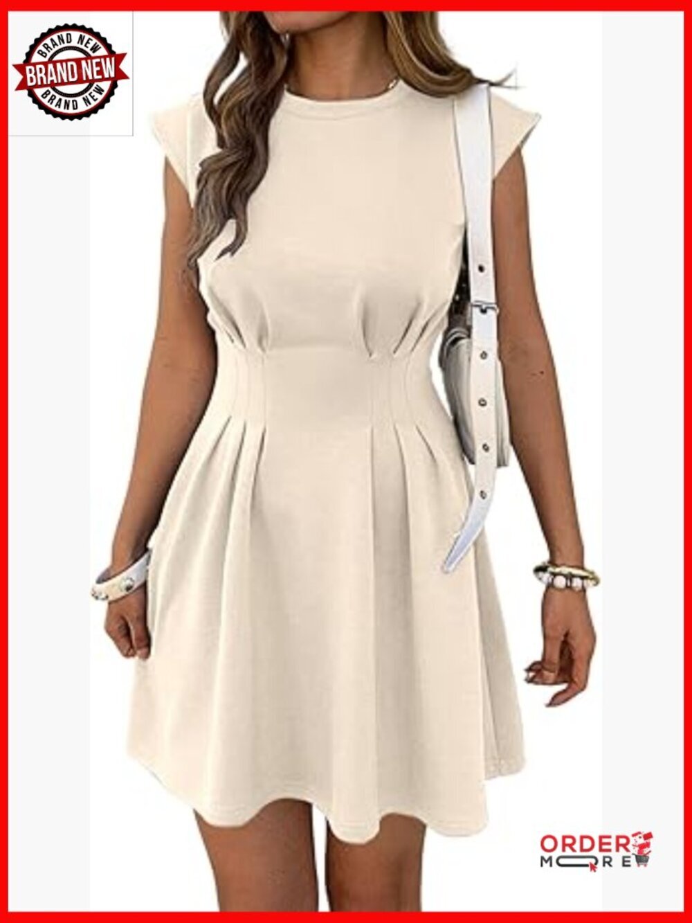 Women's Cap Sleeve Crewneck Ruched Waist A Line Short Office Dress